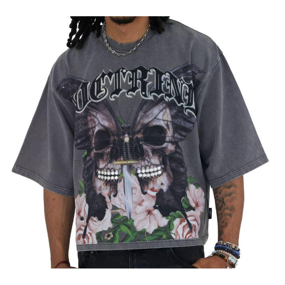 Men's Skulled Moth Garden Tee, Charcoal Wash