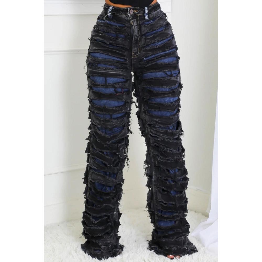 Women's High Rise Blue Contrast Washed Double Layer Jeans