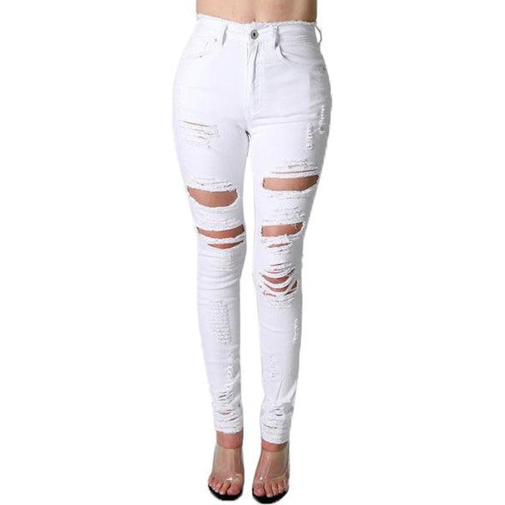 Women's high waist destroyed skinny jeans, White - Krush Clothing