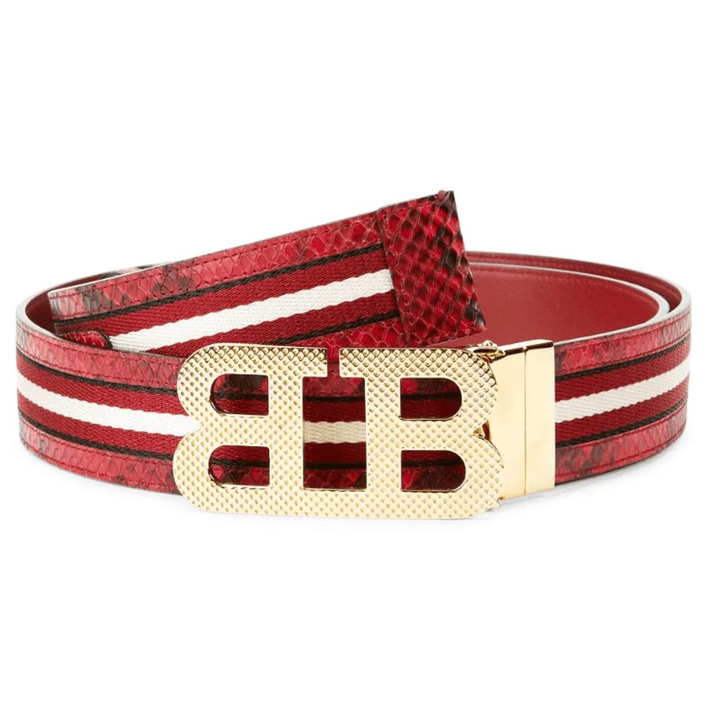 Bally Iconic Buckle Mirror Stripe Belt, Red - Krush Clothing
