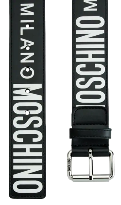 Moschino Couture Printed Logo Strap Leather Belt with Silver Buckle