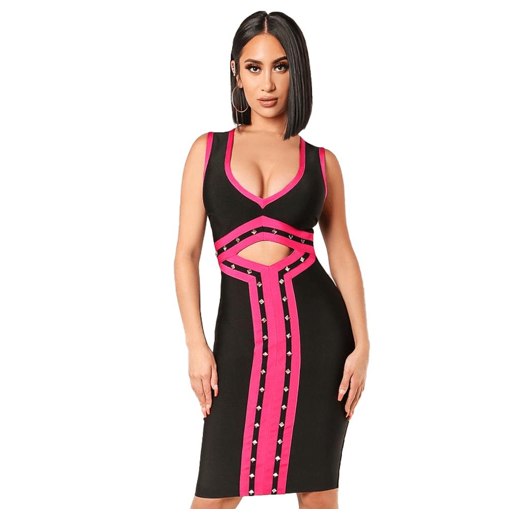 pink and black bandage dress Women's Cutout Colorblock V-neck Bandage Dress