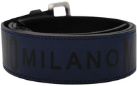 Moschino Couture Printed Logo Strap Leather Belt with Silver Buckle