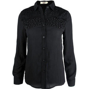 Women's Long Sleeve Button Up Beads Black