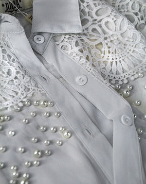 Women's Long Sleeve Button Up Beads White