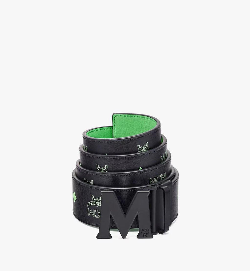 MCM Claus Matte M Reversible Belt 1.75” in Embossed Leather, Black/Green