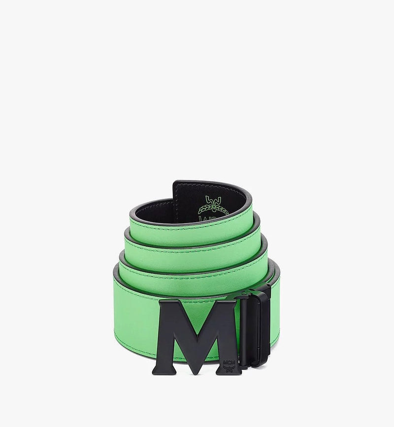 MCM Claus Matte M Reversible Belt 1.75” in Embossed Leather, Black/Green