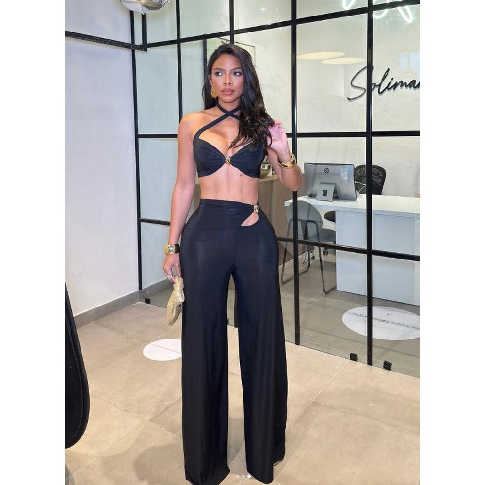 Women's Sexy Trim High Waisted Pants And Top Set