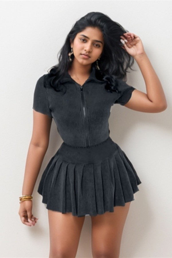 Mock Neck Zipper Top Pleated Skirt 2pcs Set