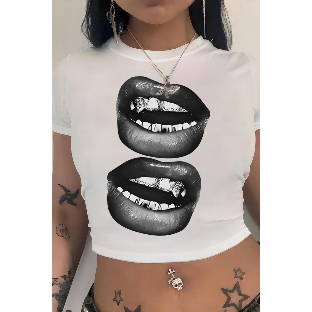 Women's Sexy Lips Print Fitted Crop Tee