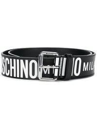 Moschino Leather Belt With All Over Logo Silver Buckle