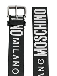 Moschino Leather Belt With All Over Logo Silver Buckle