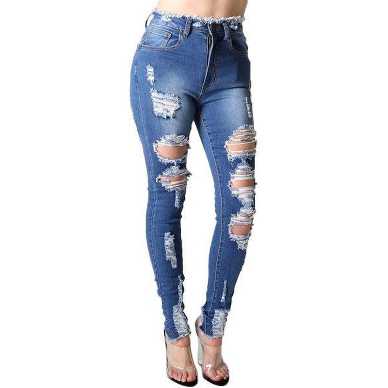 Women's high waist destroyed skinny jeans, Medium Blue - Krush Clothing