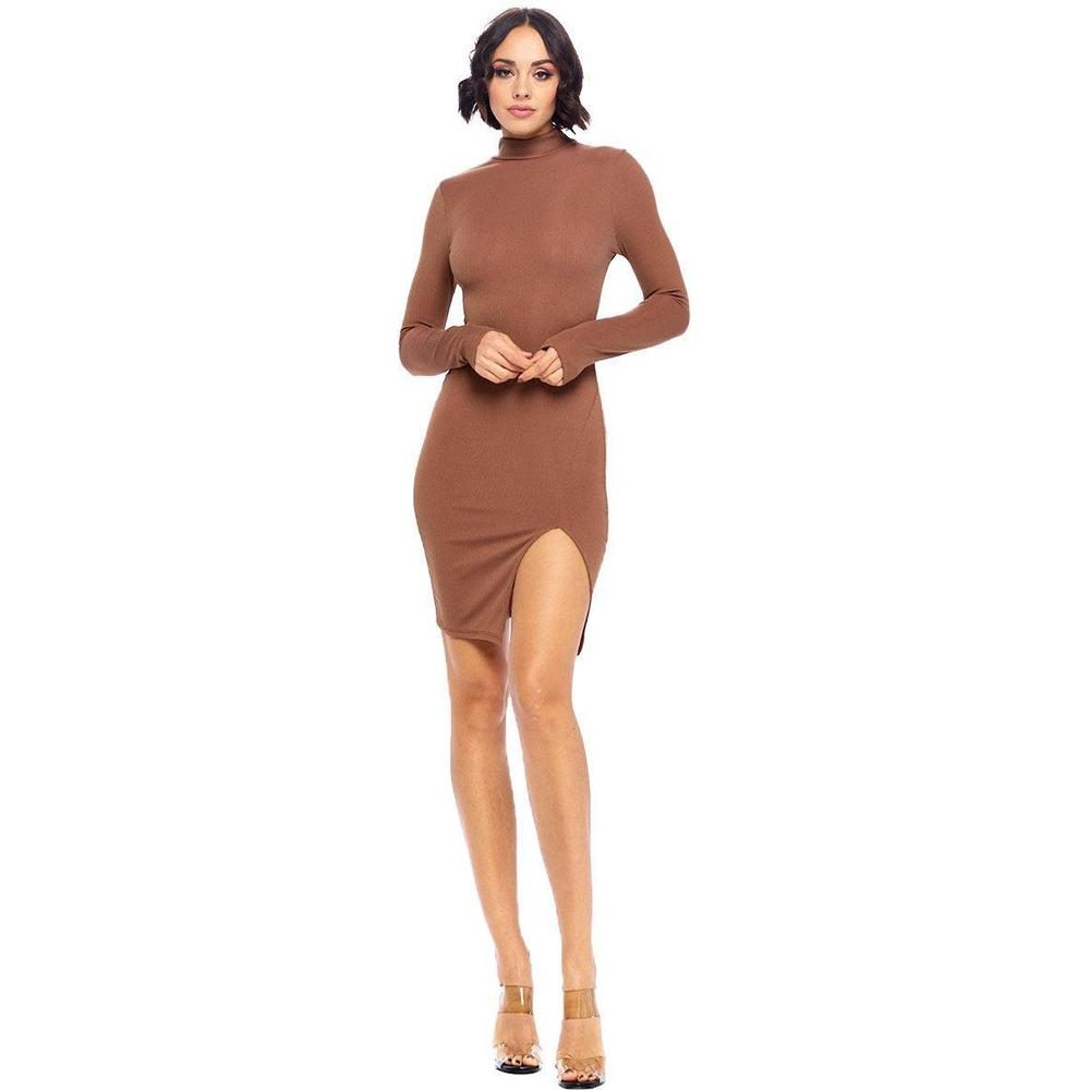 Women's Solid Long Sleeve Split Hem Mini Dress, Mocha - Krush Clothing
