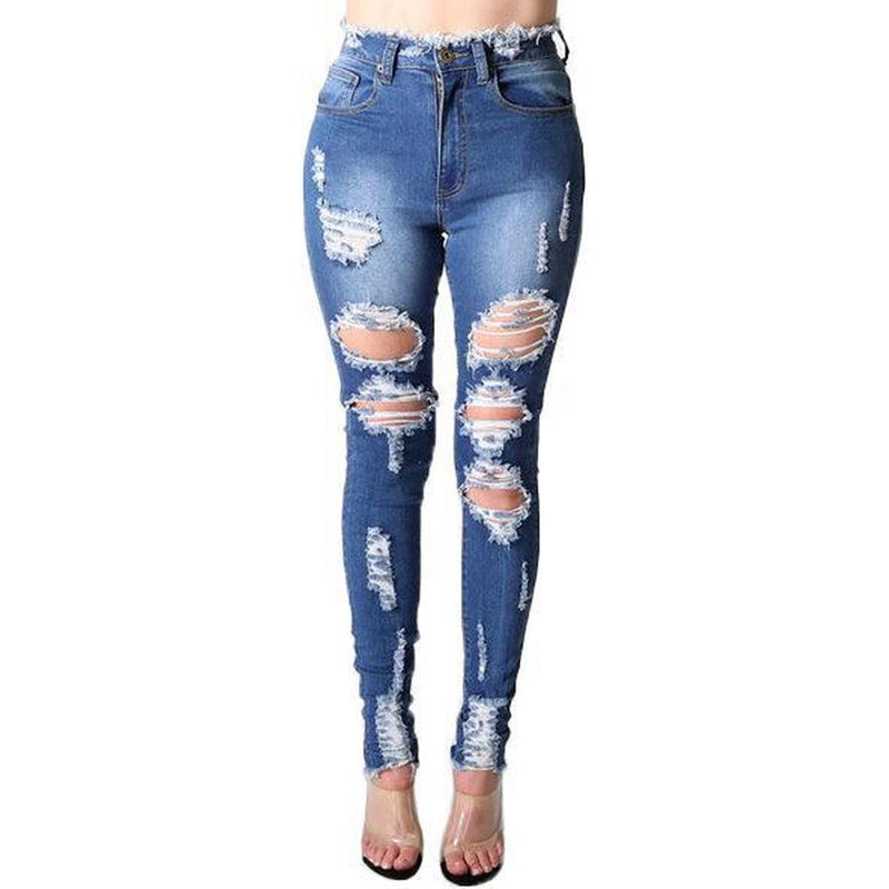 Women's high waist destroyed skinny jeans, Medium Blue - Krush Clothing