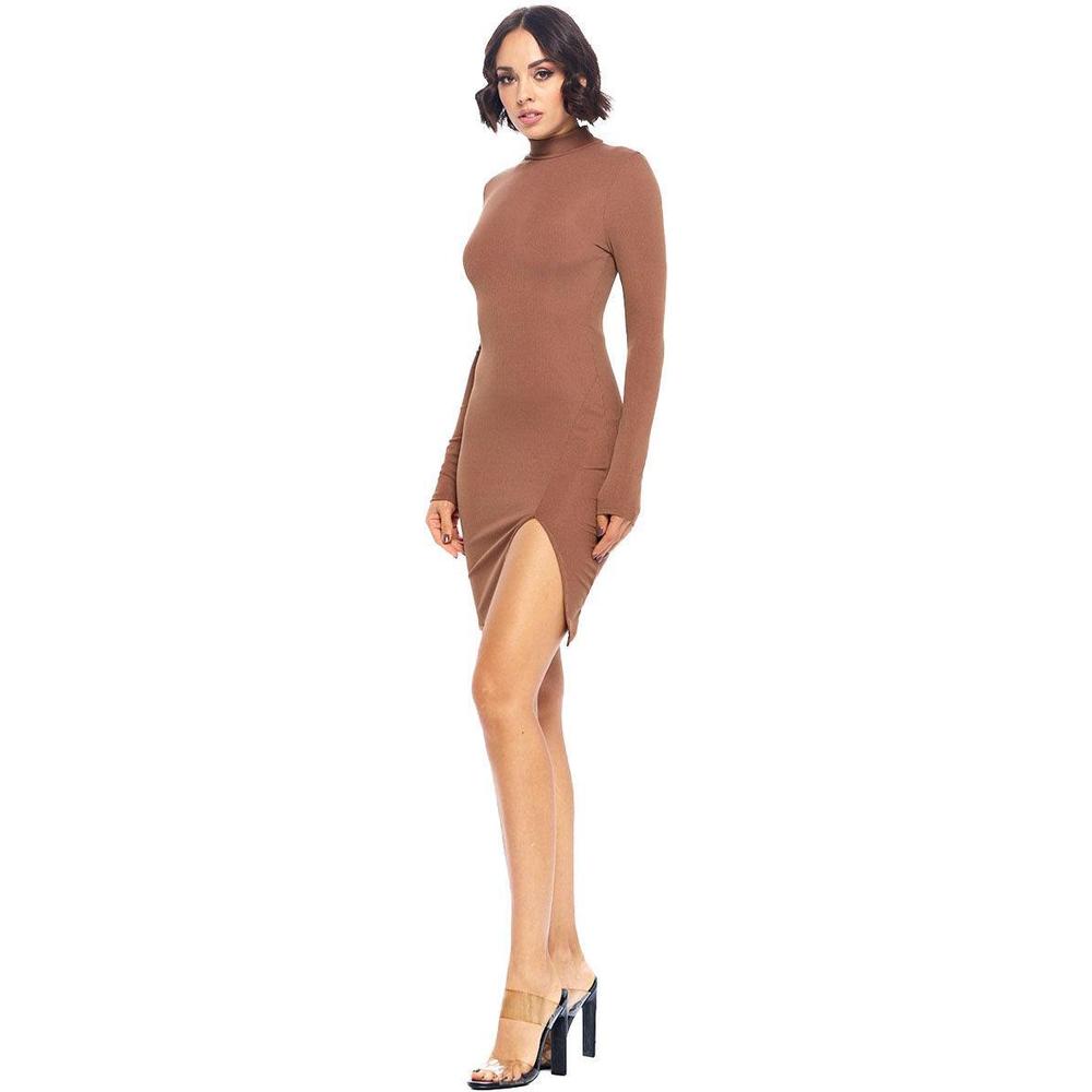 Women's Solid Long Sleeve Split Hem Mini Dress, Mocha - Krush Clothing