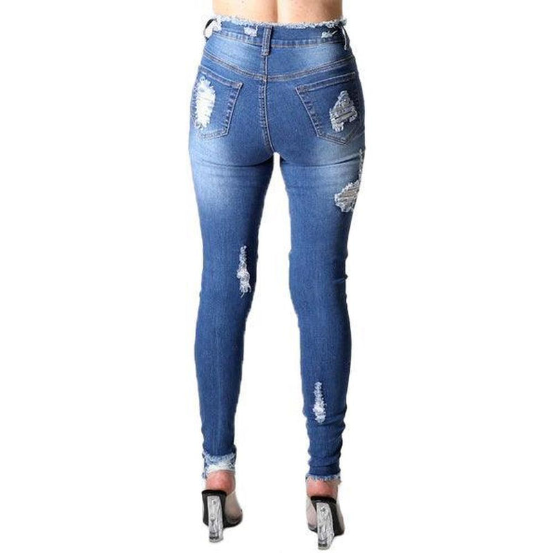 Women's high waist destroyed skinny jeans, Medium Blue - Krush Clothing