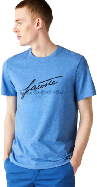 Men's Signature And Crocodile Print Crew Neck Cotton T-Shirt, Blue Chine - Krush Clothing