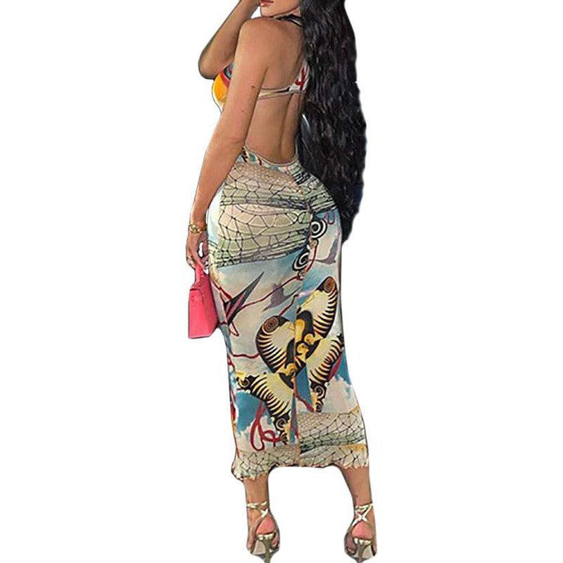 Women's Cutout Back Frill Hem Graphic Print Dress - Krush Clothing