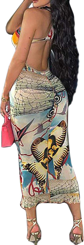 Women's Cutout Back Frill Hem Graphic Print Dress - Krush Clothing