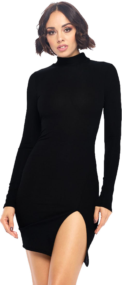 Women's Solid Long Sleeve Split Hem Mini Dress, Black - Krush Clothing