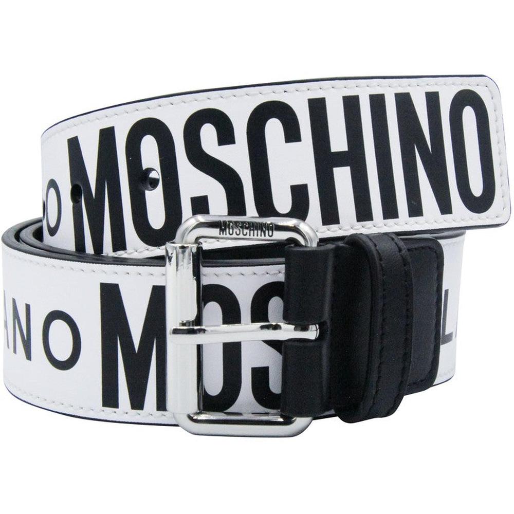 Moschino Leather Belt With All Over Logo Silver Buckle - Krush Clothing