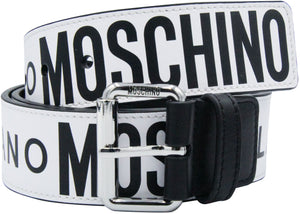 Moschino Leather Belt With All Over Logo Silver Buckle - Krush Clothing