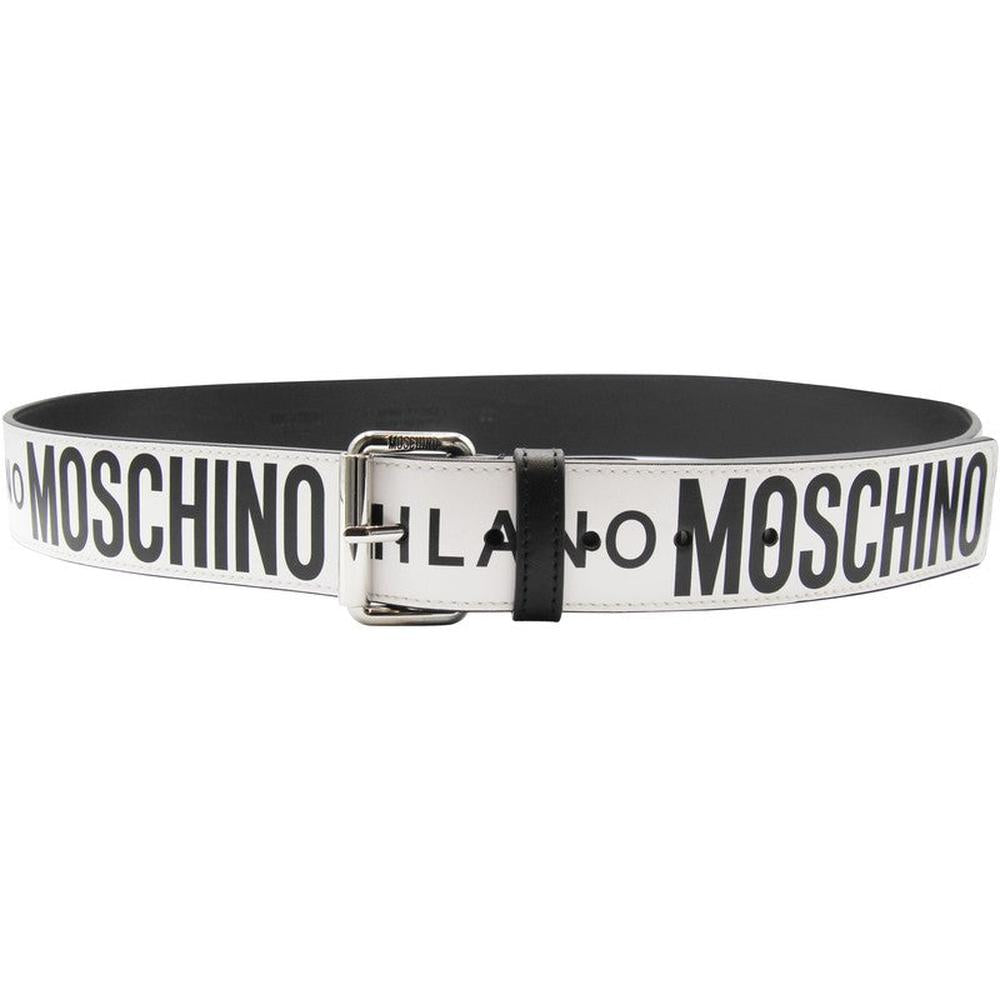 Moschino Leather Belt With All Over Logo Silver Buckle - Krush Clothing