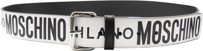 Moschino Leather Belt With All Over Logo Silver Buckle - Krush Clothing